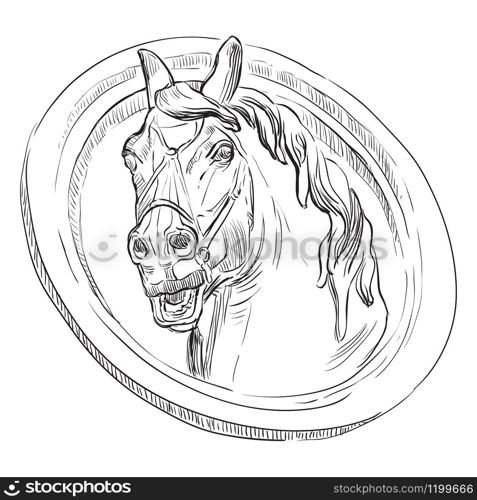 Ancient vintage bas-relief in the form of a head of horse, vector hand drawing illustration in black color isolated on white background