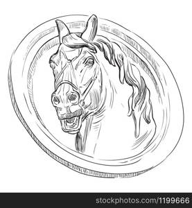 Ancient vintage bas-relief in the form of a head of horse, vector hand drawing illustration in black color isolated on white background