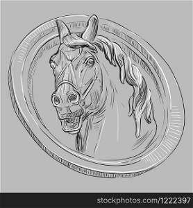 Ancient vintage bas-relief in the form of a head of horse, vector hand drawing illustration in black and white colors isolated on grey background