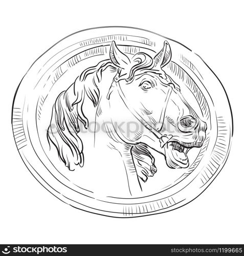 Ancient vintage round bas-relief in the form of a head of horse, vector hand drawing illustration in black color isolated on white background