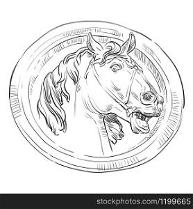 Ancient vintage round bas-relief in the form of a head of horse, vector hand drawing illustration in black color isolated on white background
