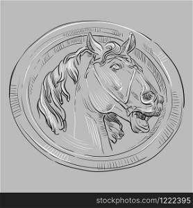 Ancient vintage round bas-relief in the form of a head of horse, vector hand drawing illustration in black and white colors isolated on grey background