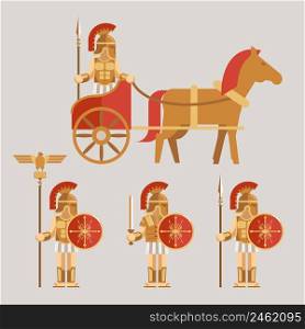 Ancient wariors icons set. Warrior on chariot with spear and warrior with sword and shield. Vector illustration. Ancient wariors icons with sword or spear and shield on chariot