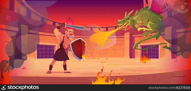 Ancient warrior fights against dragon on arena. Fighting&hitheater with gladiator with sword and shield and flying fire breathing magic beast. Vector cartoon fantasy illustration. Ancient warrior fights against dragon on arena