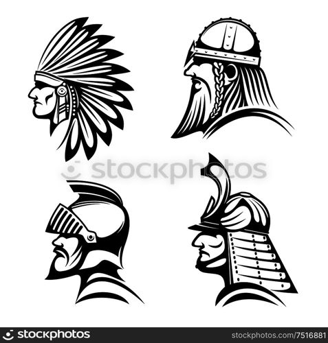 Ancient warriors in helmets icons with profiles of medieval knight, bearded viking soldier, japanese samurai and native american indian in feather headdress. May be used as history symbol, war mascot or tattoo design . Knight, viking, samurai and native indian icons