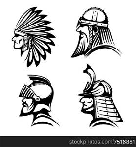 Ancient warriors in helmets icons with profiles of medieval knight, bearded viking soldier, japanese samurai and native american indian in feather headdress. May be used as history symbol, war mascot or tattoo design . Knight, viking, samurai and native indian icons