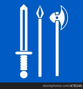 Ancient weapon sword, pick and axe icon white isolated on blue background vector illustration. Ancient weapon sword, pick and axe icon white