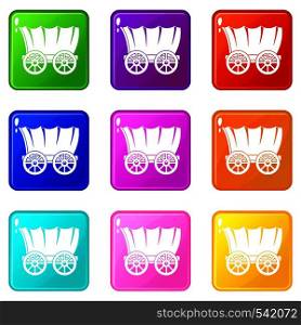 Ancient western covered wagon icons of 9 color set isolated vector illustration. Ancient western covered wagon set 9