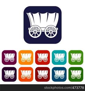 Ancient western covered wagon icons set vector illustration in flat style In colors red, blue, green and other. Ancient western covered wagon icons set flat