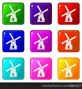 Ancient windmill icons of 9 color set isolated vector illustration. Ancient windmill set 9
