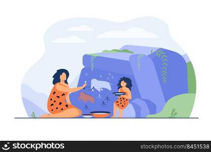 Ancient woman and kid painting on stone wall isolated flat vector illustration. Cartoon Prehistoric people drawing primitive animals and hunters. Rock art design and family concept