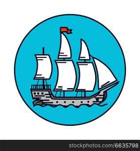 Ancient wooden ship with white sails and red flag goes through water surface isolated cartoon vector illustration inside blue circle.. Ancient Wooden Ship with White Sails on Water