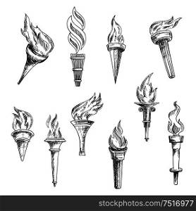 Ancient wooden torches vintage engraving sketches with ornamental swirls of burning flame. May be used as sport, religion, history or lightning equipment theme design. Ancient wooden flaming torches sketches