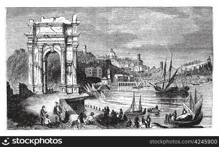 Ancona and the Arches of Trajan, Italy. Scene from 1890, old vintage illustration. Trajan arches and harbour scenery engraved illustration in vector.