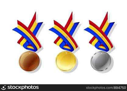 Andorrian medals in gold, silver and bronze with national flag. Isolated vector objects over white background