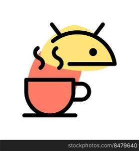 Android bot with a coffee cup isolated on a white background