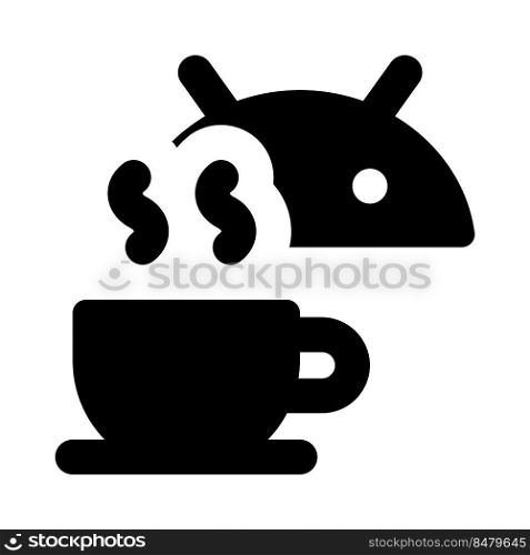 Android bot with a coffee cup isolated on a white background
