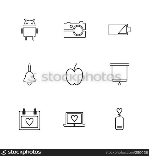 android , camera , battery , bell , apple , board , celender , laptop ,icon, vector, design, flat, collection, style, creative, icons