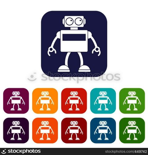 Android robot icons set vector illustration in flat style In colors red, blue, green and other. Android robot icons set flat