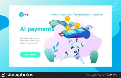 Android robot runs holding terminal with sticky check for payment by credit card. Web page template. Metaphor of AI and bots in marketing. Concept of smart payment acceptance. Vector flat illustration