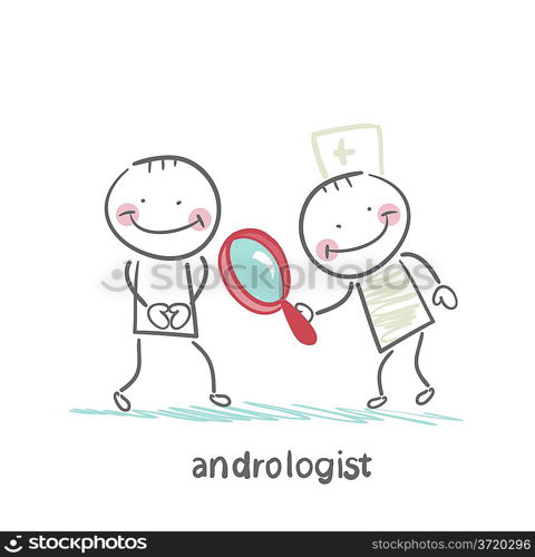 andrologist looking through a magnifying glass on a patient