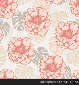 Anemone flowers and leaves seamless pattern background. Tropical nature wrapping paper or textile design. Beautiful print with hand-drawn exotic plants.