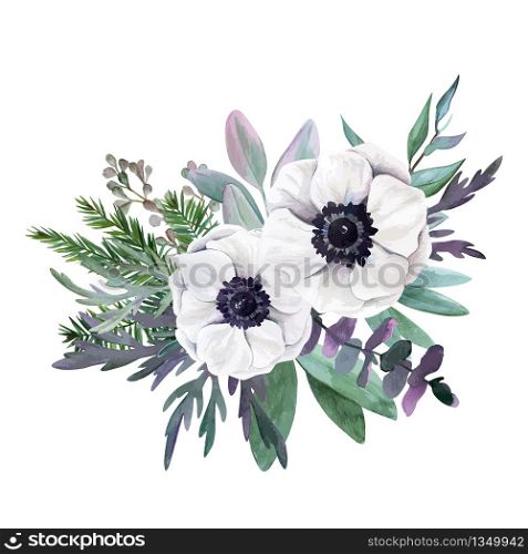 Anemones and greenery, Watercolor floral arrangement, hand drawn vector watercolor illustration. Design element for cards and invitation.