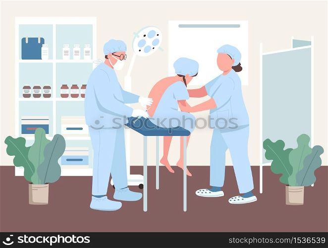 Anesthesia in spine flat color vector illustration. Injection in woman spine. Mother prepare for labor. Pain release. Doctor and patient 2D cartoon characters with clinic interior on background. Anesthesia in spine flat color vector illustration
