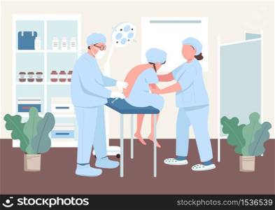 Anesthesia in spine flat color vector illustration. Injection in woman spine. Mother prepare for labor. Pain release. Doctor and patient 2D cartoon characters with clinic interior on background. Anesthesia in spine flat color vector illustration
