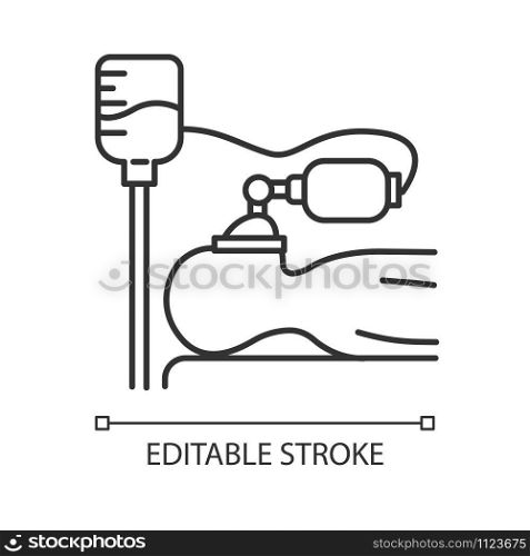 Anesthesia linear icon. Medical procedure. Apnea stage. Liquid induction. Patient unconscious on bed. Dropper. Thin line illustration. Contour symbol. Vector isolated outline drawing. Editable stroke
