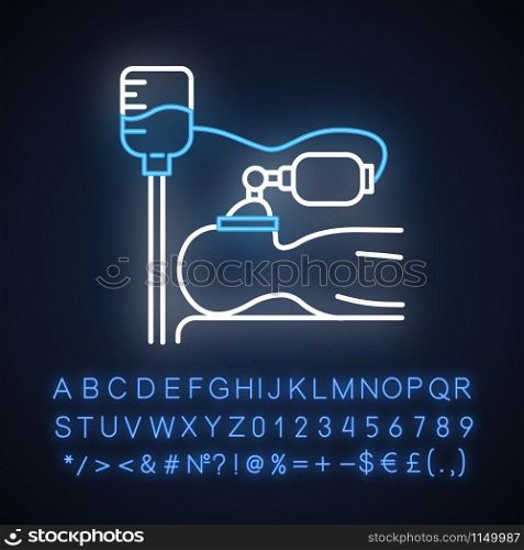 Anesthesia neon light icon. Medical procedure. Apnea stage. Liquid induction. Patient unconscious on bed. Dropper. Glowing sign with alphabet, numbers and symbols. Vector isolated illustration