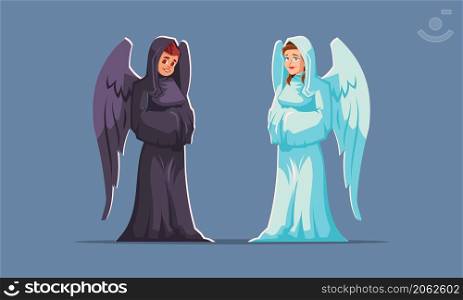 Angel and devil, good and evil characters with wings wear white and black robe. Male and female personages guides to the spirit world in hell or heaven, religious figures, Cartoon vector illustration. Angel and devil, good and evil winged characters