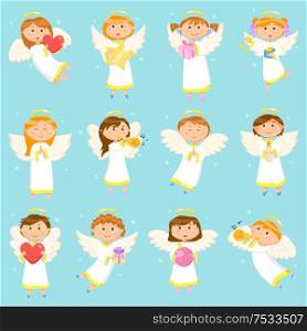 Angel children, angelic boys and girls, winter holiday symbols vector. Kids with presents decorated with bows ribbons, hearts and love. Trumpet music. Angel Children, Boys and Girls Winter Holiday