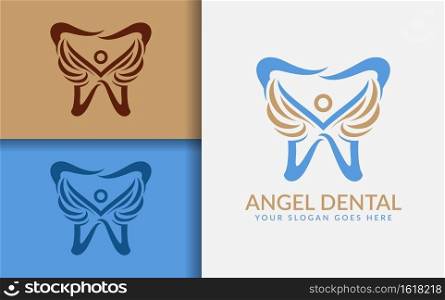 Angel Dental Logo Design. Abstract Minimalist Teeth Combined with Angel Wings Silhouette Concept.