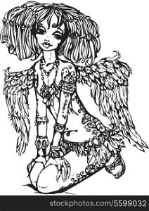 Angel girl with tattoo on her body - illustration is made in anime style