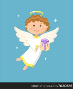 Angel holding gift box with ribbon, portrait view of flying angelic character in white clothes, kid with wings and nimbus, holiday papercard. Tooth Fairy. Vector illustration in flat style. Holiday Papercard Angle Holding Gift Box Vector