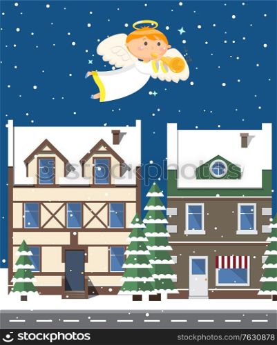 Angel in dress playing trumpet and flying over evening city in winter period of year, glossy buildings and trees covered with snow, dark outdoor, sky with stars. Christmas night. Vector cartoon style. Angel Playing Trumpet, Buildings and Trees Vector