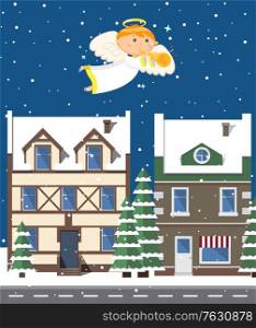 Angel in dress playing trumpet and flying over evening city in winter period of year, glossy buildings and trees covered with snow, dark outdoor, sky with stars. Christmas night. Vector cartoon style. Angel Playing Trumpet, Buildings and Trees Vector