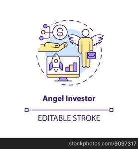 Angel investor concept icon. Engage sponsors. Tech startup financing option abstract idea thin line illustration. Isolated outline drawing. Editable stroke. Arial, Myriad Pro-Bold fonts used. Angel investor concept icon