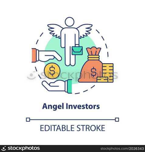 Angel investors concept icon. Small business financial support. Product startup launch private financing abstract idea thin line illustration. Vector isolated outline color drawing. Editable stroke. Angel investors concept icon