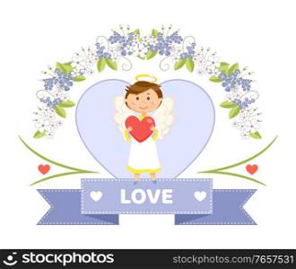 Angel or cupid in heart, flowers and ribbon, Valentine day symbol vector. Boy with halo and wings, winter holiday celebration, plants with blossom. Valentines Day Holiday, Angel or Cupid Love Symbol