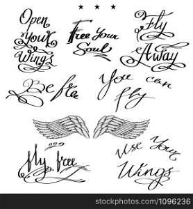 Angel or Phoenix Wings. Winged Logo Design. Part of Eagle Bird. Design Elements for Emblem, Sign, Brand Mark. Fly Away Text. Hand Drawn Motivational Lettering.. Angel or Phoenix Wings. Winged Logo Design. Part of Eagle Bird. Hand Drawn Motivational Lettering