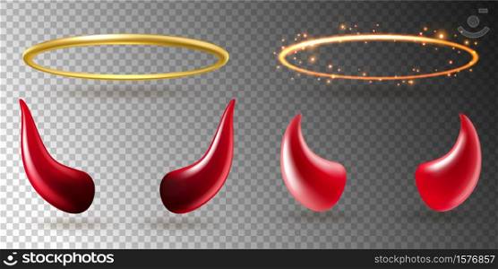 Angel rings and devil horns. Saints golden glowing circle halo, shiny yellow aureole and red demon horn evil symbol realistic halloween costume design vector 3d isolated on transparent background set. Angel rings and devil horns. Saints golden glowing halo, shiny yellow aureole and red demon horn evil symbol realistic halloween costume vector 3d isolated on transparent background set