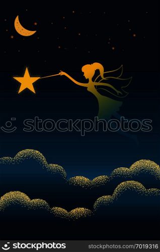 Angel silhouette with ornamental wings. Beautiful praying angel with magic wand moon with star against on night scene beautiful Nature landscape on sky background Vector texture style illustration