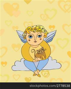 Angel sitting on a cloud with a cat on hands. St. Valentine&acute;s Day. Congratulatory card
