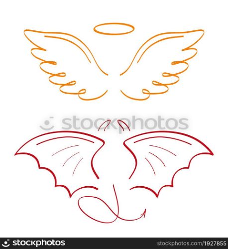 Angel sketch wing set vector. Marker hand drawn style of holy creations. Wing, feathers of bird, swan, eagle. Bat, vampire silhouette collection in line art. Gargoyle, demon, devil doodle are shown. Angel sketch wing set vector. Marker hand drawn style of holy creations. Wing, feathers of bird, swan, eagle.