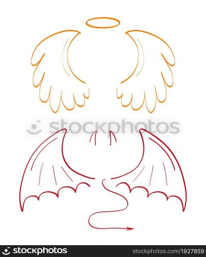Angel sketch wing set vector. Marker hand drawn style of holy creations. Wing, feathers of bird, swan, eagle. Bat, vampire silhouette collection in line art. Gargoyle, demon, devil doodle are shown. Angel sketch wing set vector. Marker hand drawn style of holy creations. Wing, feathers of bird, swan, eagle.