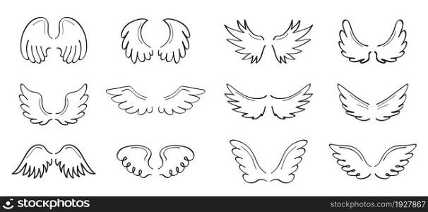 Angel sketch wing set vector. Marker hand drawn style of holy creations. Wing, feathers of bird, swan, eagle.. Angel sketch wing set vector. Marker hand drawn style of holy creations.