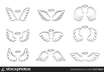 Angel sketch wing set vector. Marker hand drawn style of holy creations. Wing, feathers of bird, swan, eagle.. Angel sketch wing set vector. Marker hand drawn style of holy creations.
