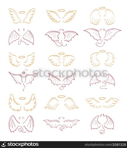 Angel sketch wing set vector. Marker hand drawn style of holy creations. Wing, feathers of bird, swan, eagle. Bat, vampire silhouette collection in line art. Gargoyle, demon, devil doodle are shown. Angel sketch wing set vector. Marker hand drawn style of holy creations.